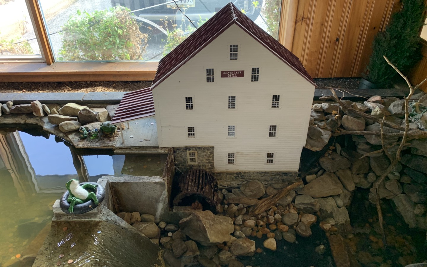 Minuture model of historic Silver Lake Mill just inside the front door of Thomas House Restaurant in Dayton, VA. The acutal mill is the location of the Virigia Quilt Museum.